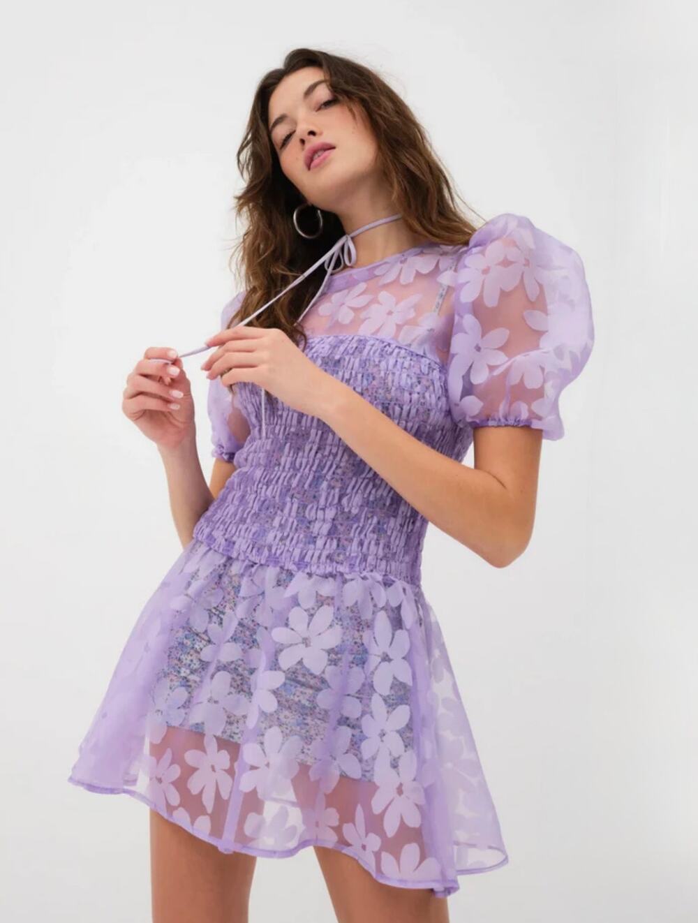 For Love & Lemons NWT Ariandre Purple Floral Sheer Mini Dress Medium